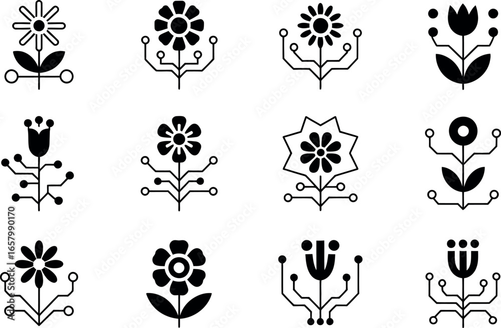 Fototapeta premium Modern Floral Tech Icons: Abstract Black and White Botanical Designs