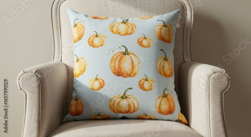 Decorative pillow with cheerful pumpkin pattern on a light blue background