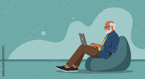 Elderly man comfortably using a laptop on a bean bag chair, highlighting remote work, digital literacy, and relaxed senior lifestyle.