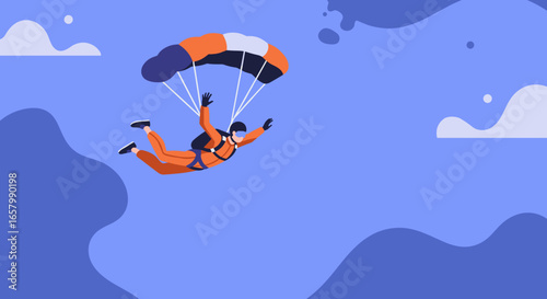Skydiver descends with an open parachute against a clear blue sky, embodying adventure, freedom, and the thrill of extreme sports. Ideal for travel, lifestyle, or daring concepts.