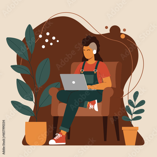 Young person focused on a laptop while sitting in a comfortable armchair at home. Represents remote work, online education, or digital lifestyle.