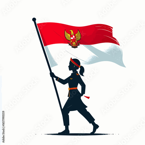 Silhouetted Woman Carrying Indonesian Flag in Parade Uniform