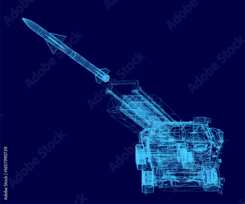 A 3D wireframe missile model stands out against a solid blue background, showcasing detailed military design. The launcher features realistic contours and precise geometry.