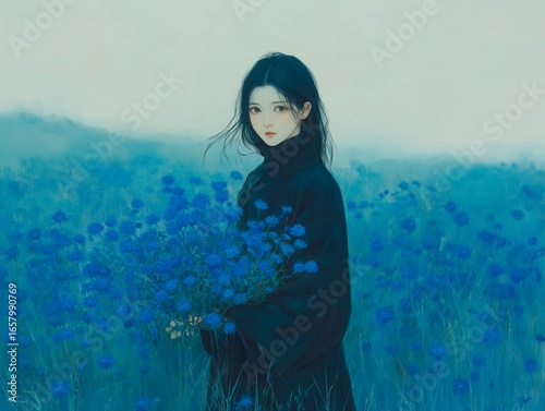 a young woman standing in a vast field of blue flowers under an overcast sky. She is dressed in a dark, oversized coat and holds a large bouquet of the same blue flowers