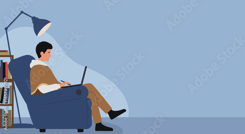 Young person comfortably works or studies from home using a laptop in an armchair. Remote work, online learning, and digital lifestyle concept.