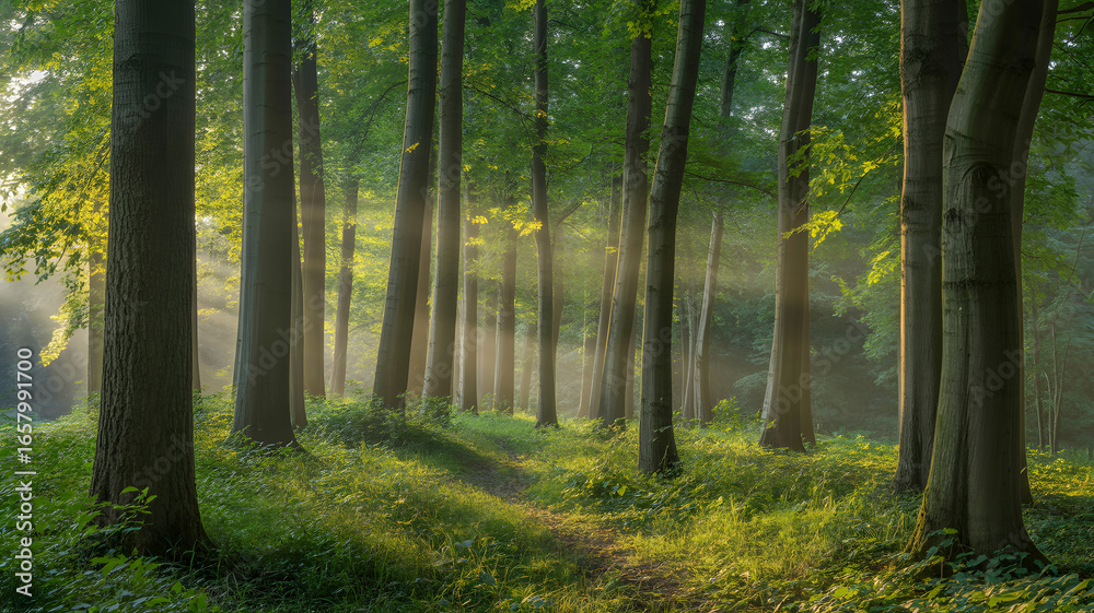 Naklejka premium Sunlight filtering through tall trees in a lush green forest