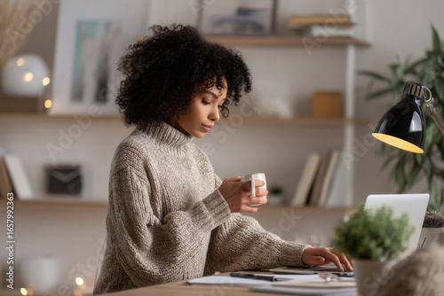 Young adult African-American business woman typing a report while sipping herbal tea, dressed in a cozy business casual sweater, working from a stylish home office with modern shelving, soft lighting,
