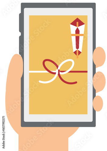 持っているスマートフォンにお年玉袋が表示されているイメージ素材