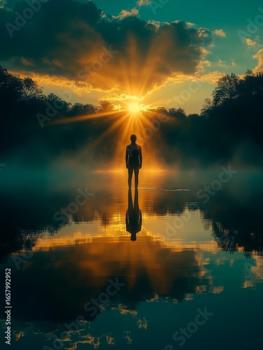 
Visualize a person standing at the edge of a serene, reflective lake at dawn. The figure is looking into the water, where their reflection is clear
