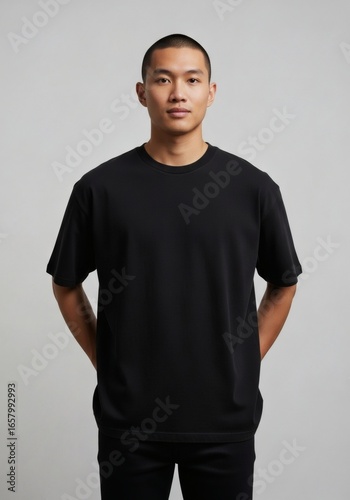 Young man modeling a plain black oversized t-shirt.