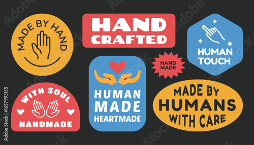 Handmade stickers, badges, labels collection. Handcrafted human emblem design.