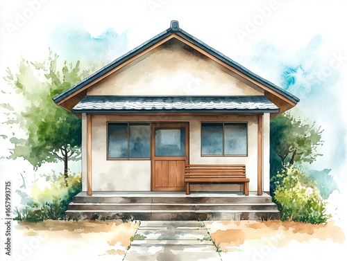 Watercolor illustration, simple and minimalist style, a cute modern house with a front door and a wooden bench on the porch, a pastel color palette