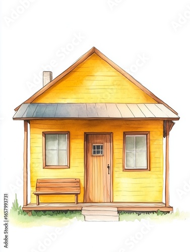 Watercolor illustration, simple and minimalist style, a cute modern house with a front door and a wooden bench on the porch, a pastel color palette