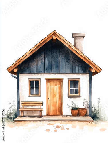 Watercolor illustration, simple and minimalist style, a cute modern house with a front door and a wooden bench on the porch, a pastel color palette