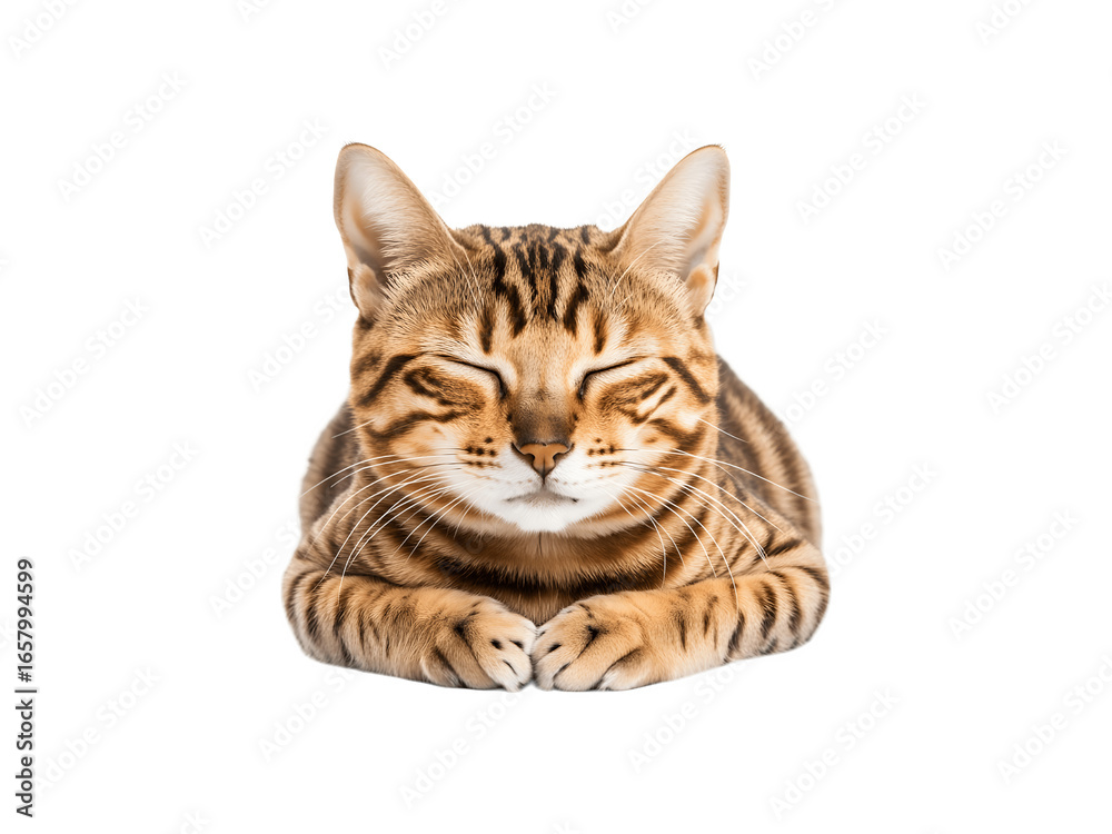 Fototapeta premium Sleeping cat curled up, fluffy tabby feline resting peacefully