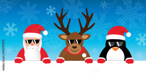 cute deer santa claus and penguin cartoon with sunglasses on snowy winter background vector illustration