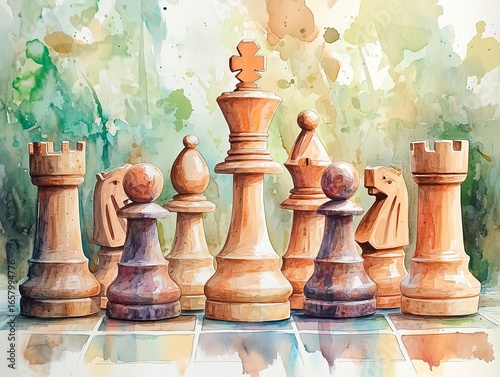 Watercolor painting of a chess set, featuring detailed and expressive chess pieces, especially the queen piece prominently in the center.