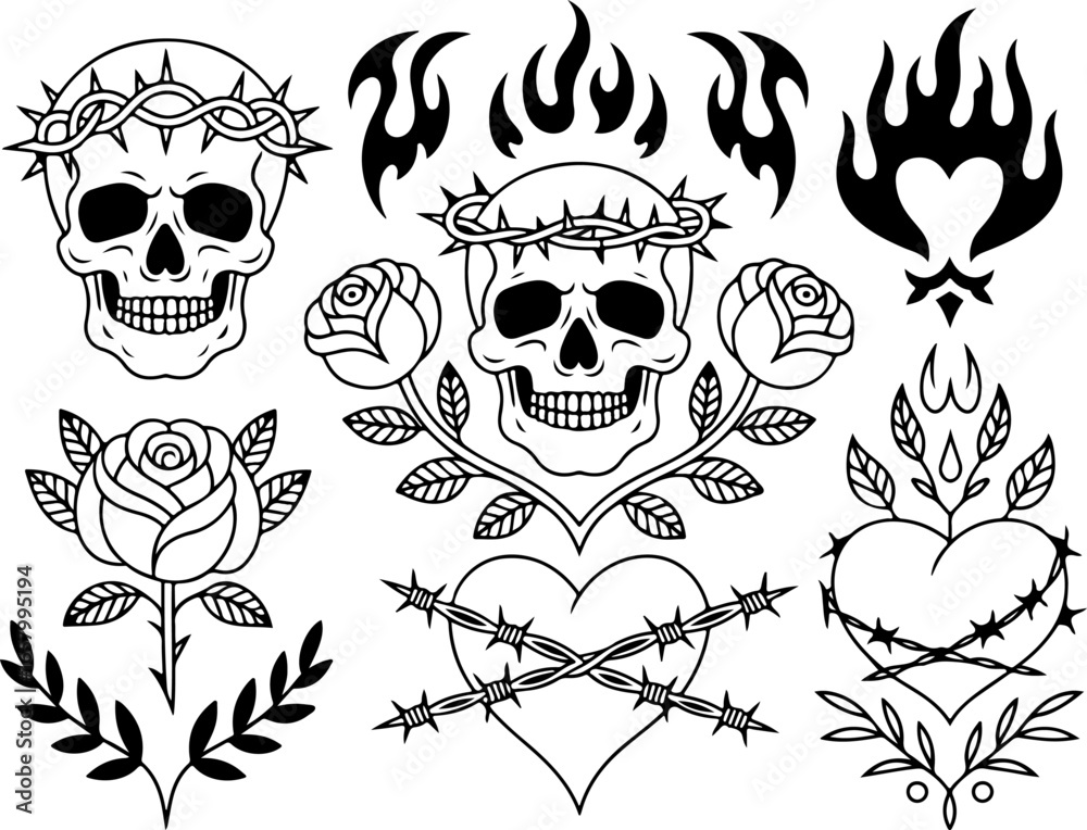 Fototapeta premium Skull & Sacred Heart Tattoo Flash Bundle | Gothic Line Art Set