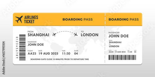  Boarding pass ticket object template. yellow and white commercial Airplane ticket template. Vector illustration of Airline flight pass concept.
