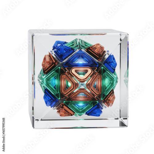 Futuristic abstract geometric object in a glass cube