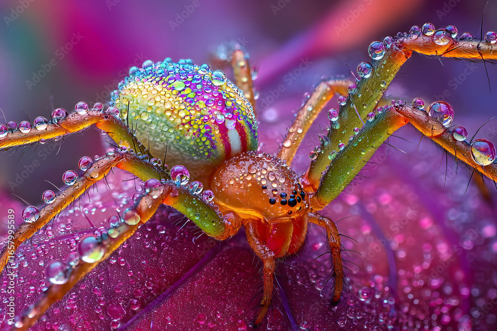 Fototapeta premium Colorful Spider with Dew Drops on Plant Leaf