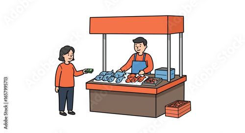 Customer Buys Fish from Market Stall Vendor