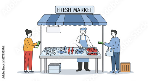 Fresh Market Fish Seller and Customers Transaction