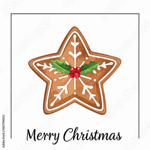 Star-Shaped Gingerbread Cookie with Snowflake Design, Holly, and Berries