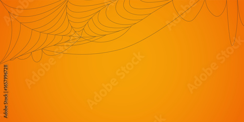 Orange background of spider web design, ideal for Halloween decoration, autumn events, spooky parties, vector template for invitations, banners and festive celebrations.