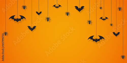 Halloween hanging bats, spiders banner spooky silhouette scene on vibrant orange background, perfect for seasonal party decor, haunted event backdrop, craft festive holiday marketing poster template