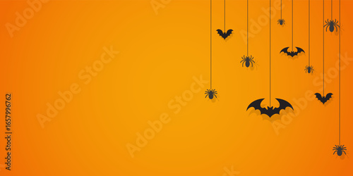 Halloween bats and spiders silhouettes hanging on orange background, spooky minimalist decoration with cobwebs, seasonal party holiday design, vector graphic illustration autumn backdrop template