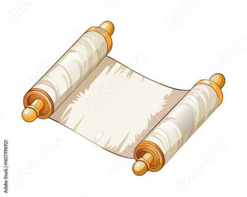 Ancient vintage parchment scroll with brown frame and gold accents on blank manuscript page