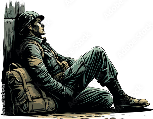 soldier resting on  the backpack leaning against eps