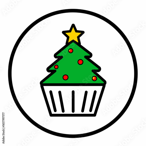 Stylized Christmas Tree Cupcake with Star Topper and Red Ornaments