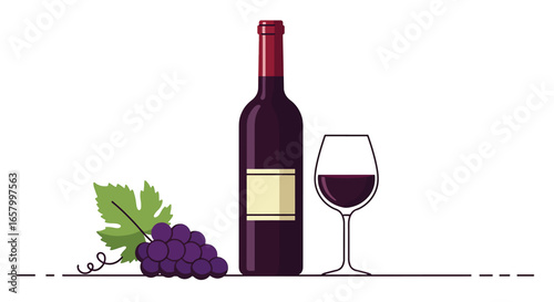 Red Wine Bottle, Glass, and Grapes