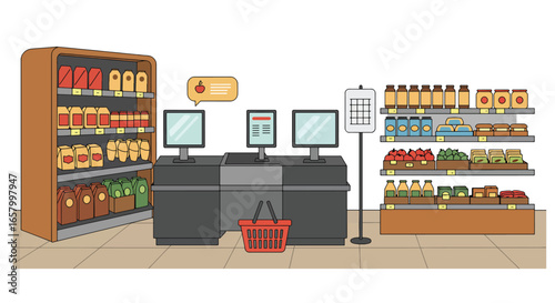 Supermarket Checkout Area with Shelves and Products