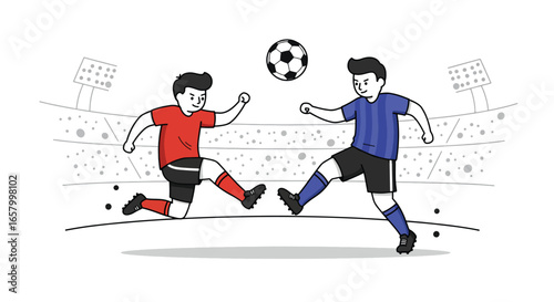 Two cartoon soccer players kicking a ball on a stadium field.