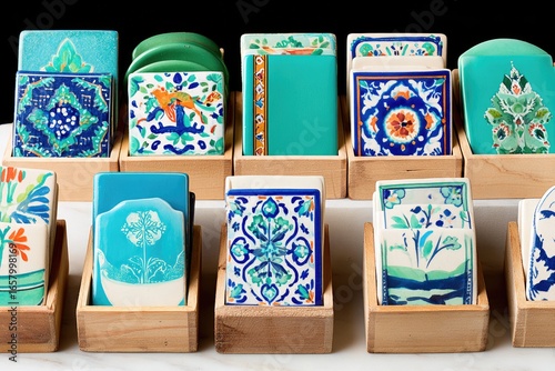 Colorful ceramic coasters in wooden boxes