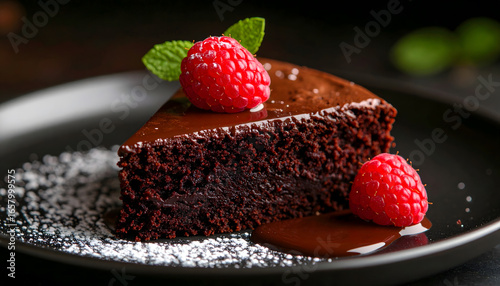 Decadent slice of rich flourless chocolate cake beautifully garnished with fresh raspberry and mint on a dark plate.