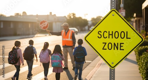 street view near a school with yellow “School Zone” sign, children crossing with crossing guard, warm daylight, background softly blurred