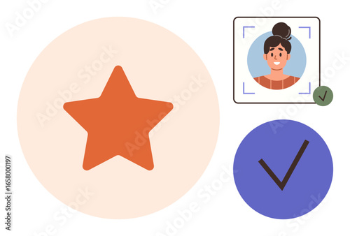 Star rating, verified user profile, and approval checkmark icons emphasize quality, trust, recognition, and credibility. Ideal for UX design, rating systems, identity verification e-commerce trust