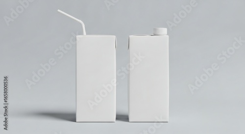 Two plain white juice boxes, one with a straw inserted, presented against a minimalist gray background.