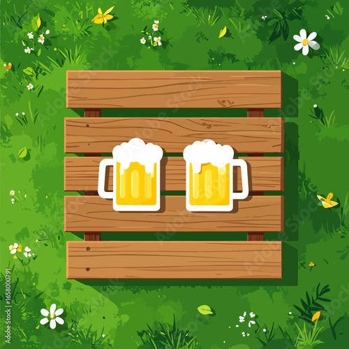 Two Beer Glasses on Wooden Picnic Table in Grass
