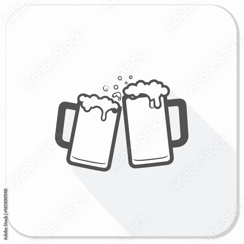 Two Stylized Beer Mugs Clinking, Frothy Foam and Bubbles, Vector Illustration.