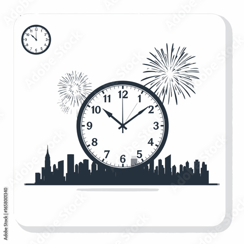 Vector Illustration of a Clock with City Skyline and Fireworks.