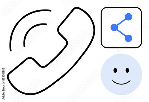 Phone receiver, blue share network icon, and smiling face creating a digital communication theme. Ideal for contact, networking, feedback, customer service, social media, technology simple landing