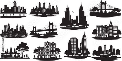 Silhouette Sketches of Urban Landscapes with Bridges, Buildings, and Transportation Depicting Cityscapes and Metropolitan Life