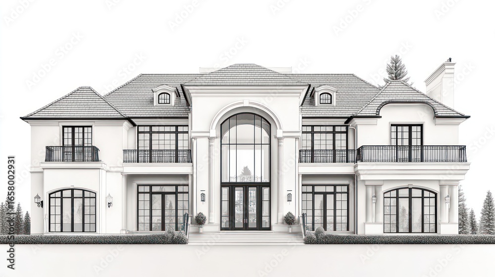 Fototapeta premium Elegant monochrome rendering showcases a grand residential home design with detailed architectural
