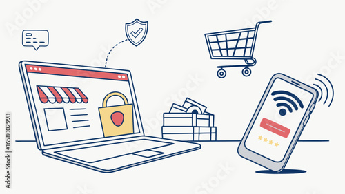 Secure online shopping and ecommerce with laptop and mobile phone for digital transactions and payments online