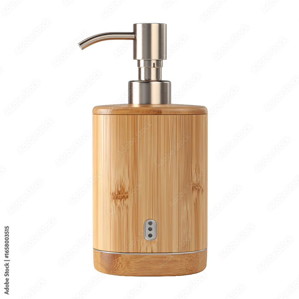 Obraz premium Bamboo soap dispenser with stainless steel pump isolated on transparent background